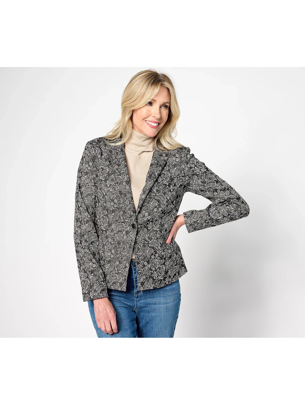 Isaac Mizrahi Livel Super Stretch Woven Jacquard Blazer Pitch Black,Ree 14
